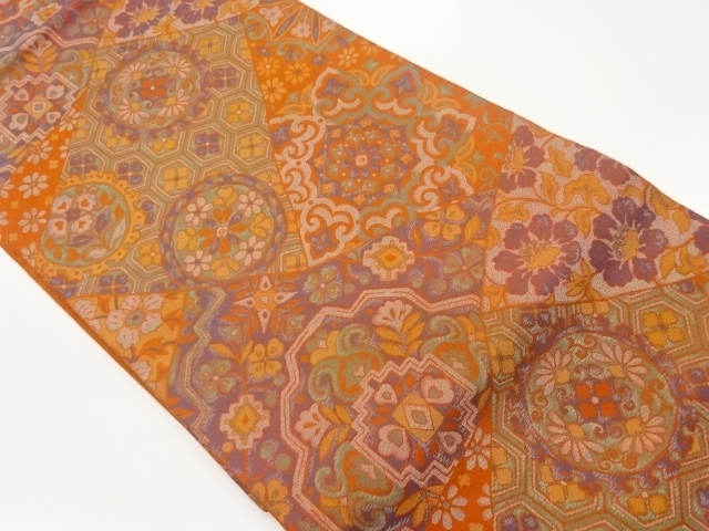 JAPANESE NAGOYA OBI / WOVEN FLOWER CREST & KIKKO WITH FLOWER